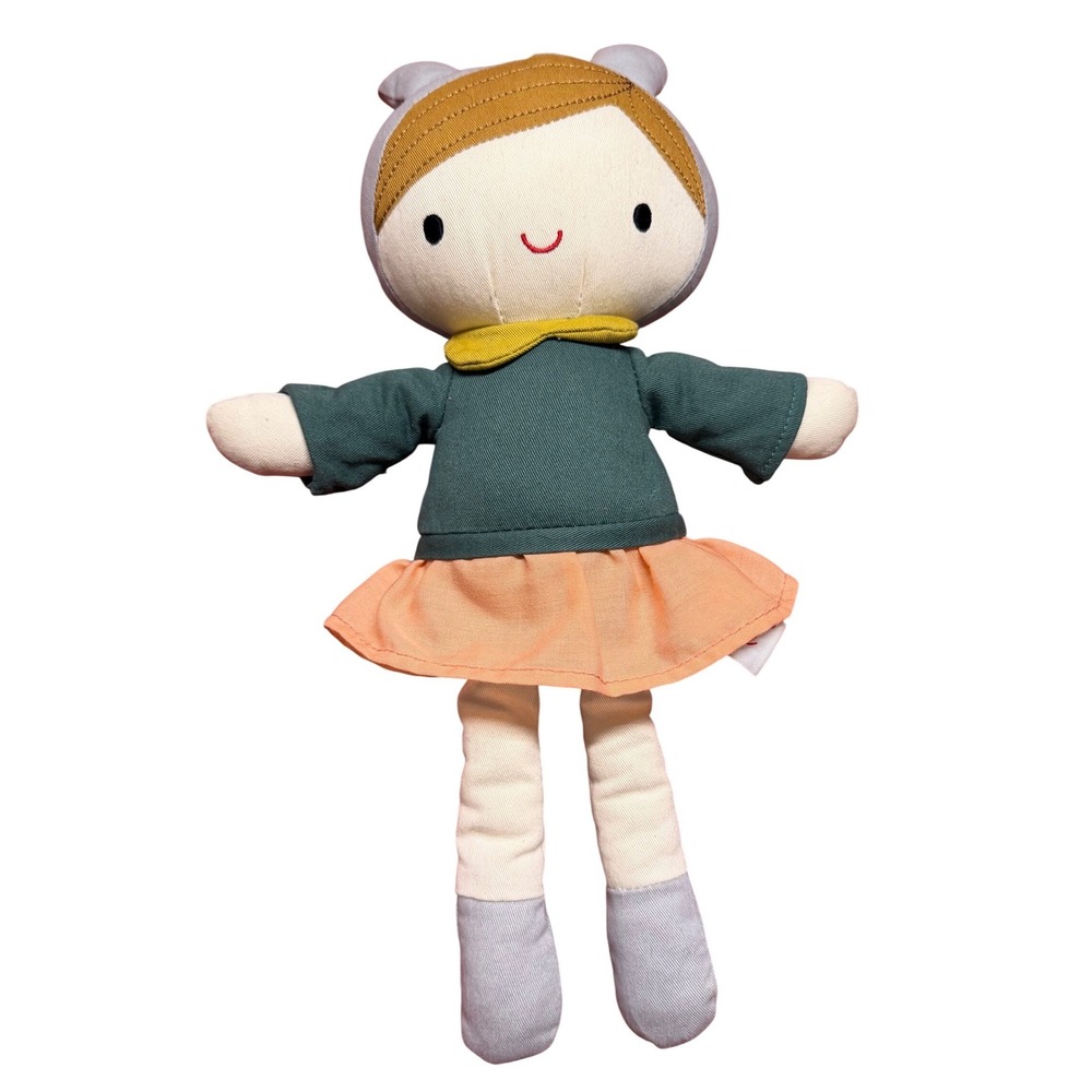 Linzy Toys Plush Rag Doll Girl Teal Top Peach Skirt Grey Hood Ears 13 Inch
